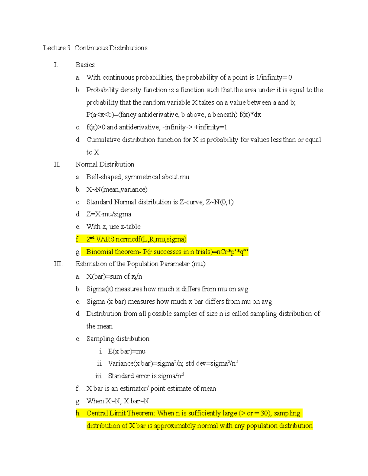 Ams 110 Notes Exam Ii Ams 110 Sbu Lecture Continuous Distributions Basics With Continuous Probabilities The Probability Of Point Is Infinity Probability Studocu