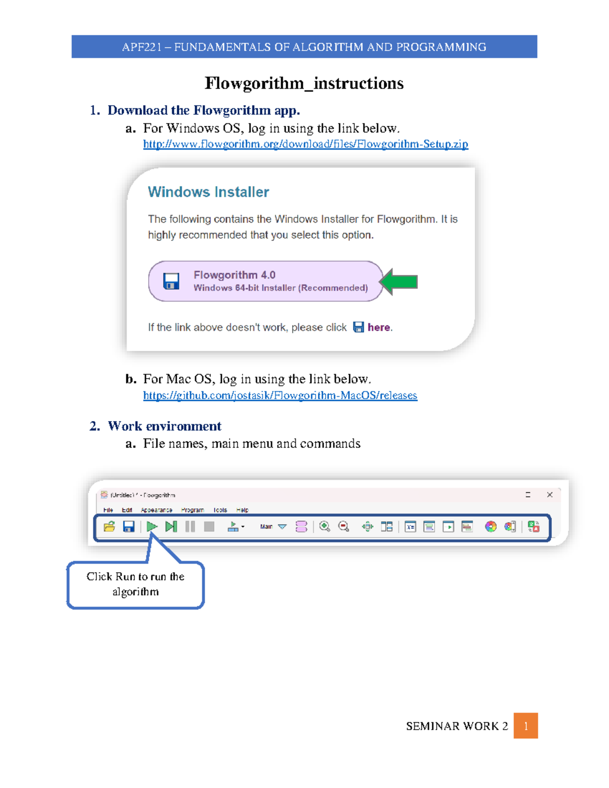 Flowgorithm instructions - Download the Flowgorithm app. a. For Windows ...