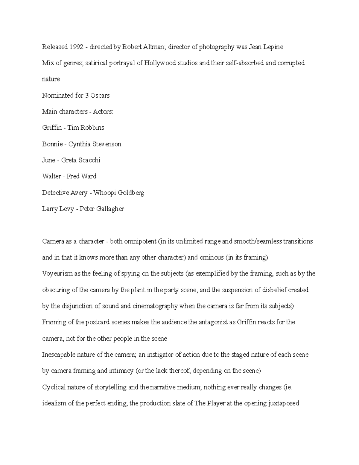 The Player Notes - Summary of above mentioned movie - Released 1992 ...