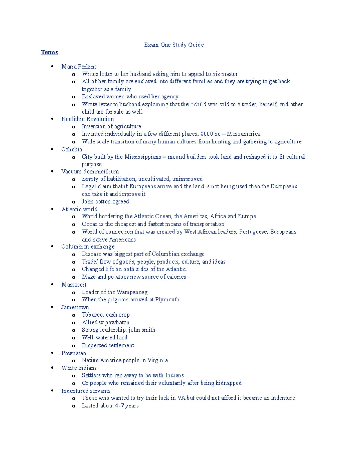 Exam One Study Guide hist 225 - Exam One Study Guide Terms Maria ...