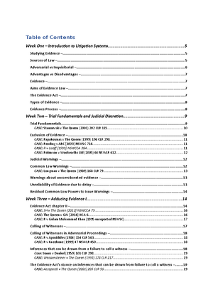 LAWS399 - Evidence Lectures - Table of Contents Week One – Introduction ...