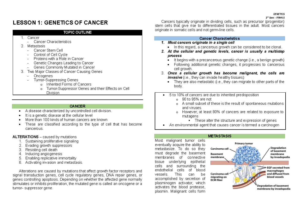 Cancer Genetics - 1 St Sem - FINALS LESSON 1: GENETICS OF CANCER TOPIC ...