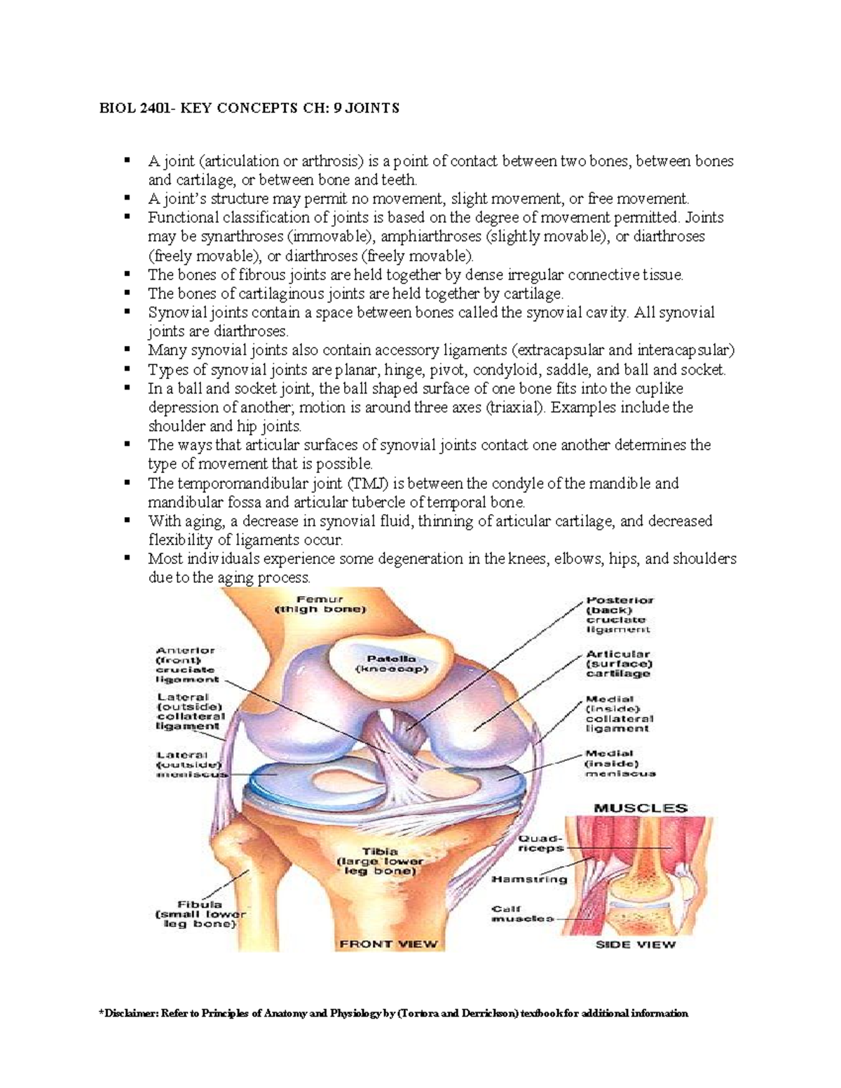 BIOL 2401-chapter 9 - Joints - *Disclaimer: Refer to Principles of ...