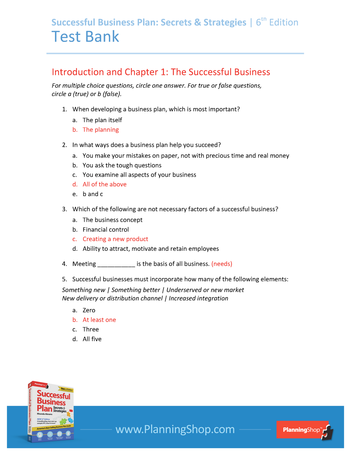 business plan exam questions and answers