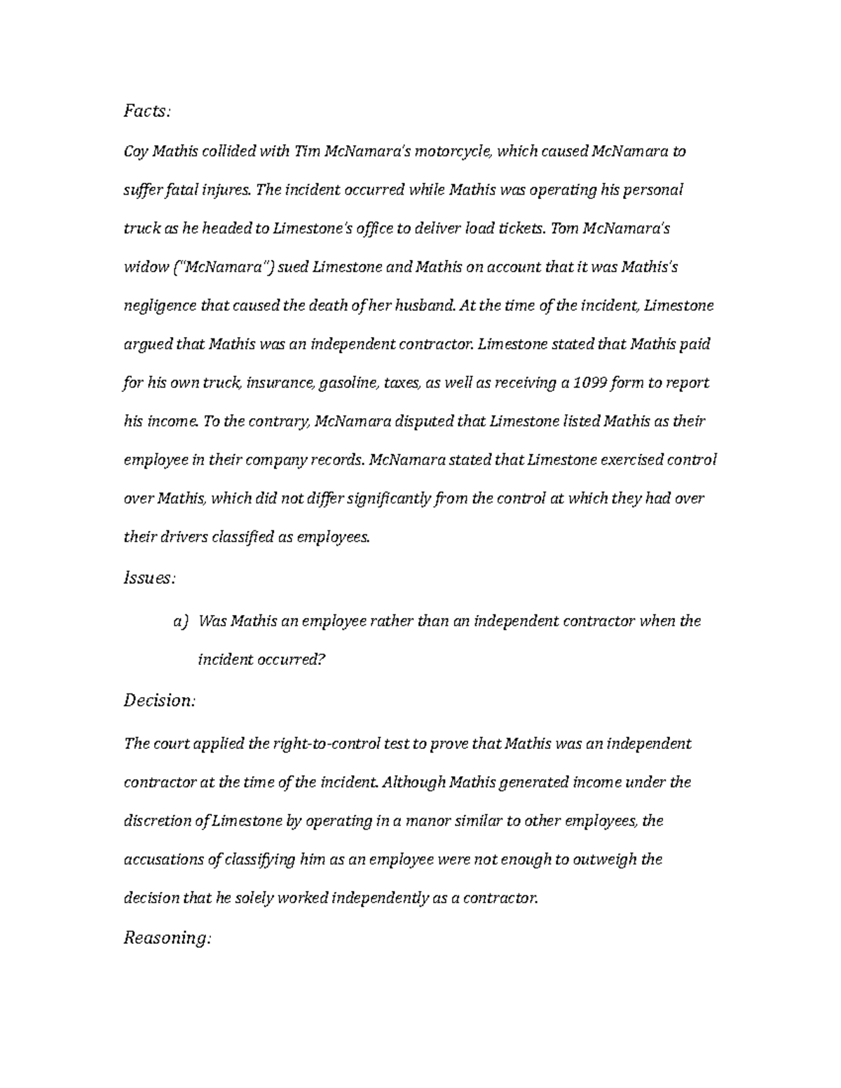 Docx-3 - case brief - Facts: Coy Mathis collided with Tim McNamara’s ...