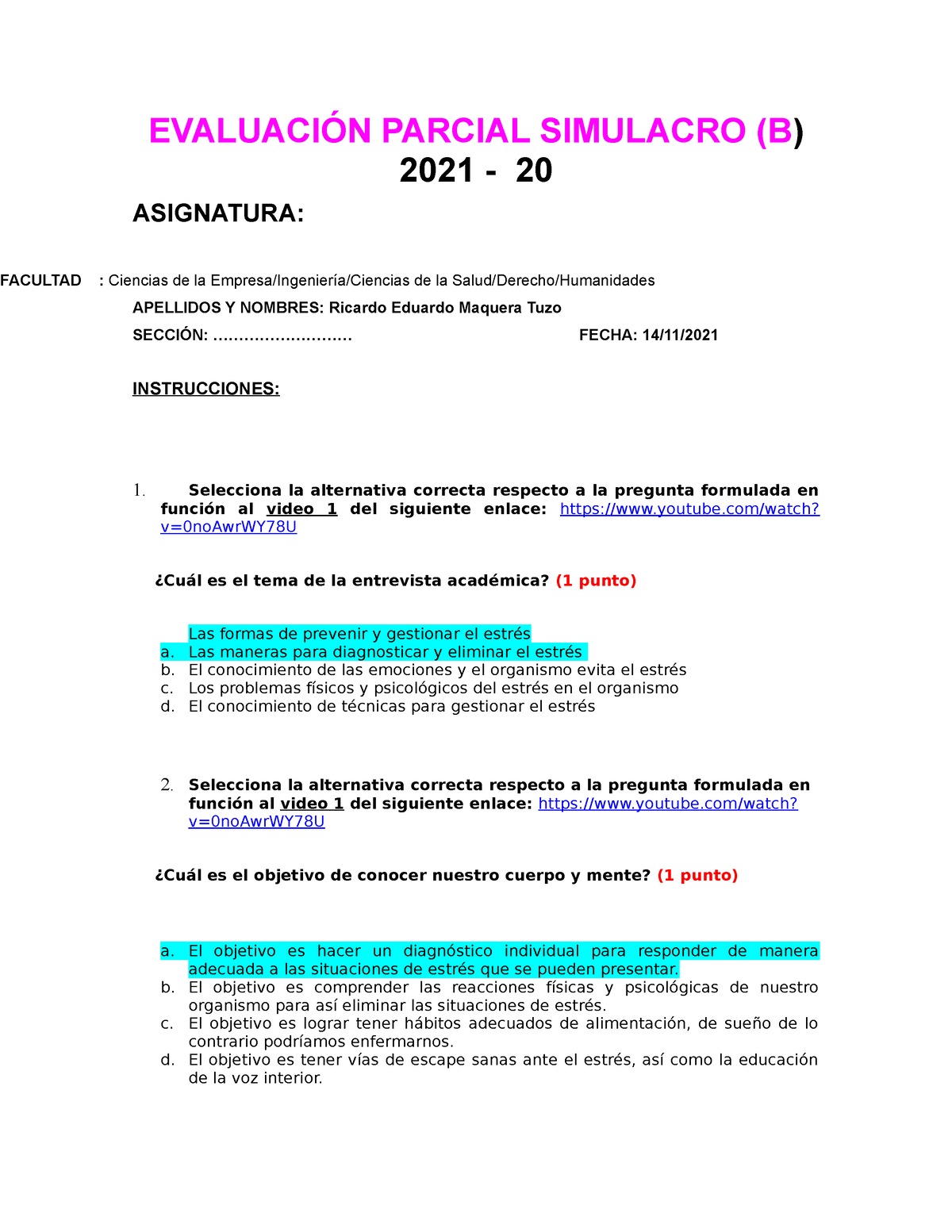 El Examen De Practica - EVALUACIÓN PARCIAL SIMULACRO (B) 2021 - 20 ...