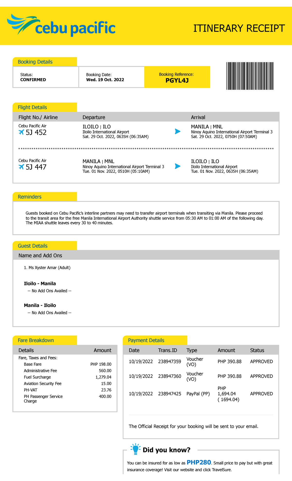 Cebu Pacific Print Itinerary Itinerary Receipt Booking Details