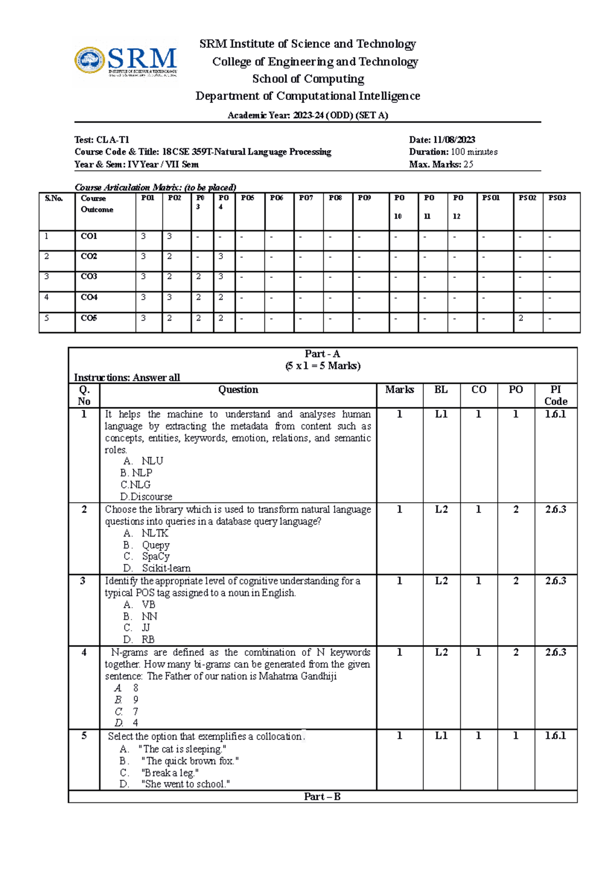 NLP CT1 Sindhuja set a - cycle test papers - SRM Institute of Science ...