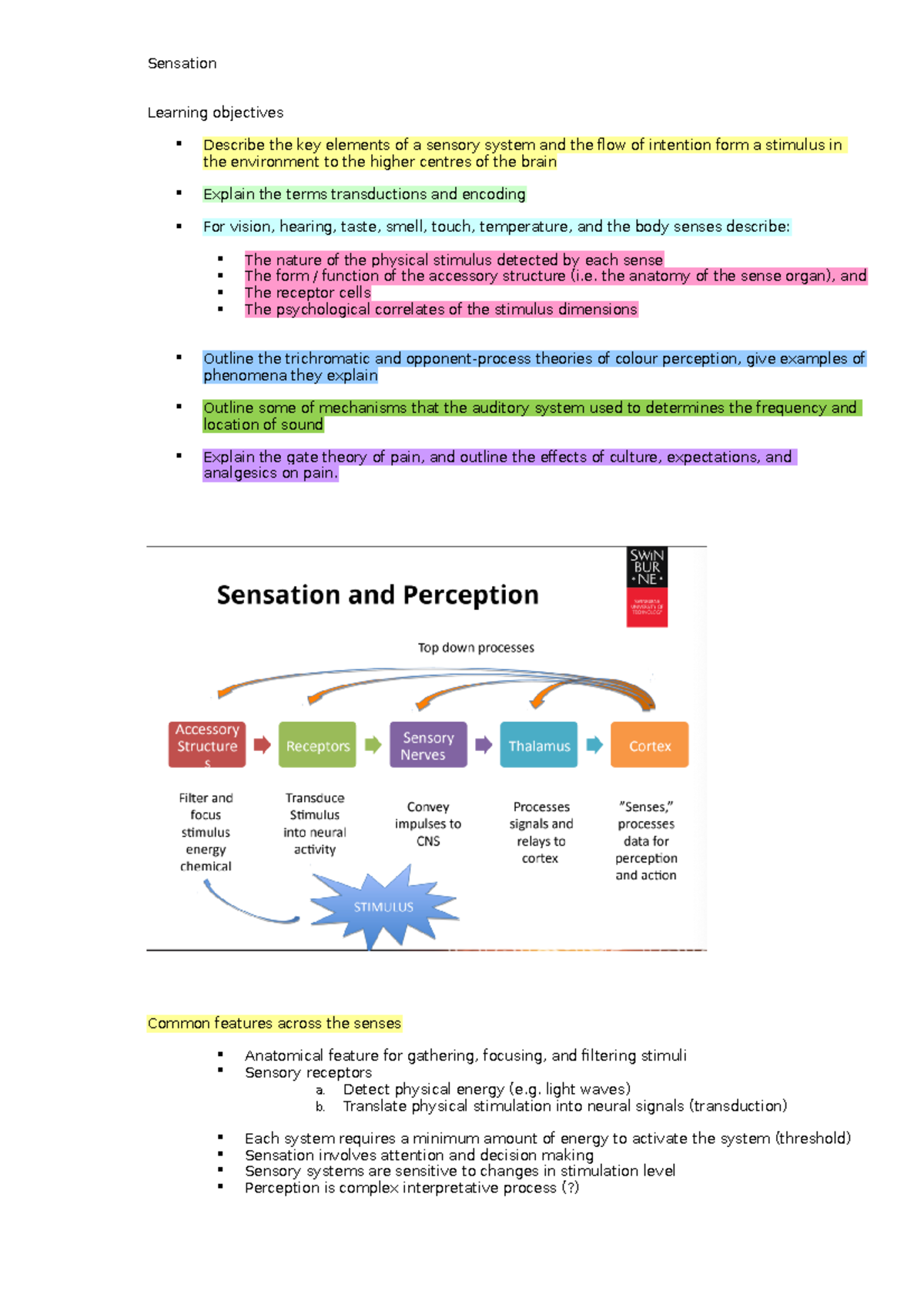 Week 4 SUMMARY NOTES FOR BRAIN AND BEHAVIOUR - Sensation Learning ...