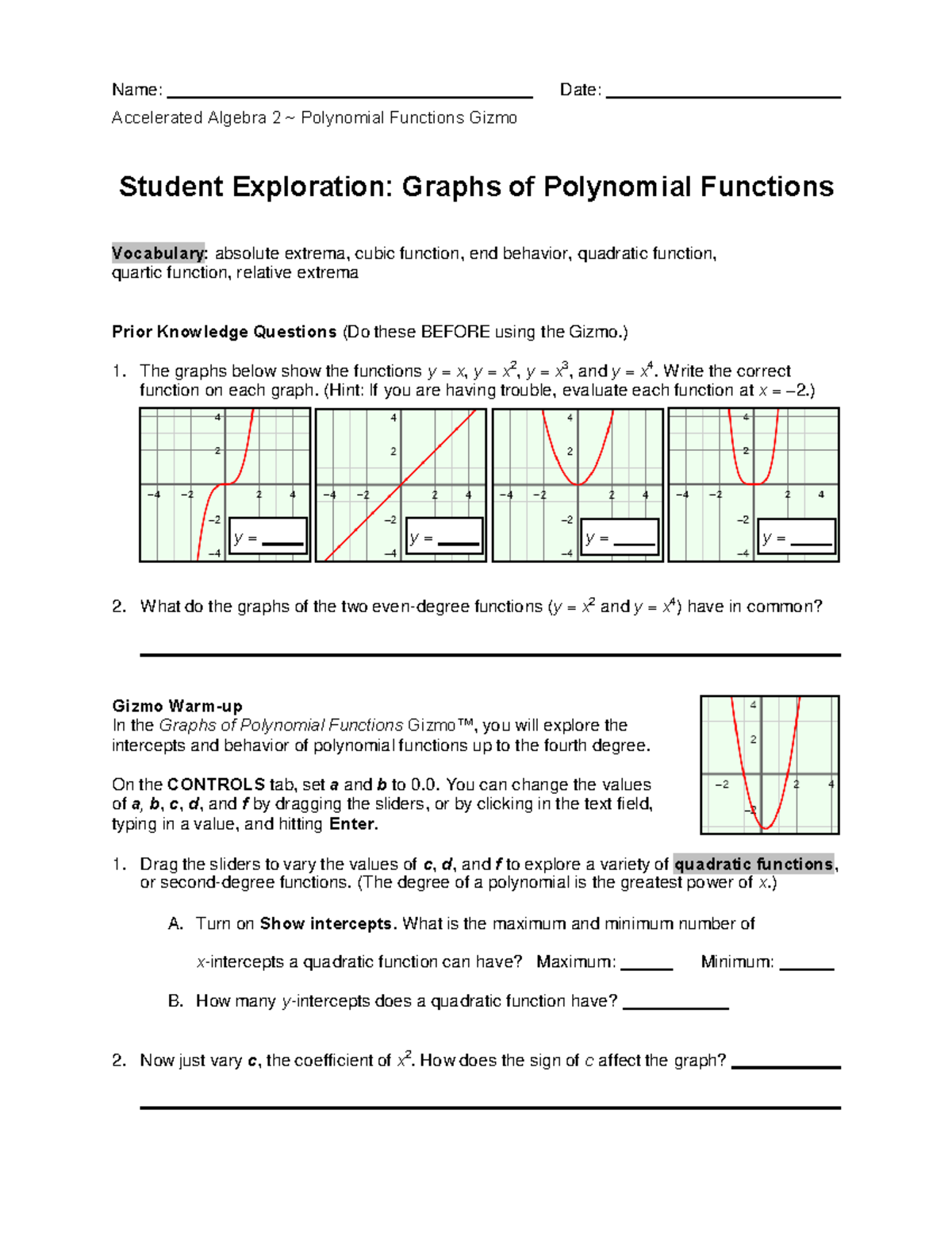 Polynomial Functions Gizmo Name Date Student Exploration Graphs of