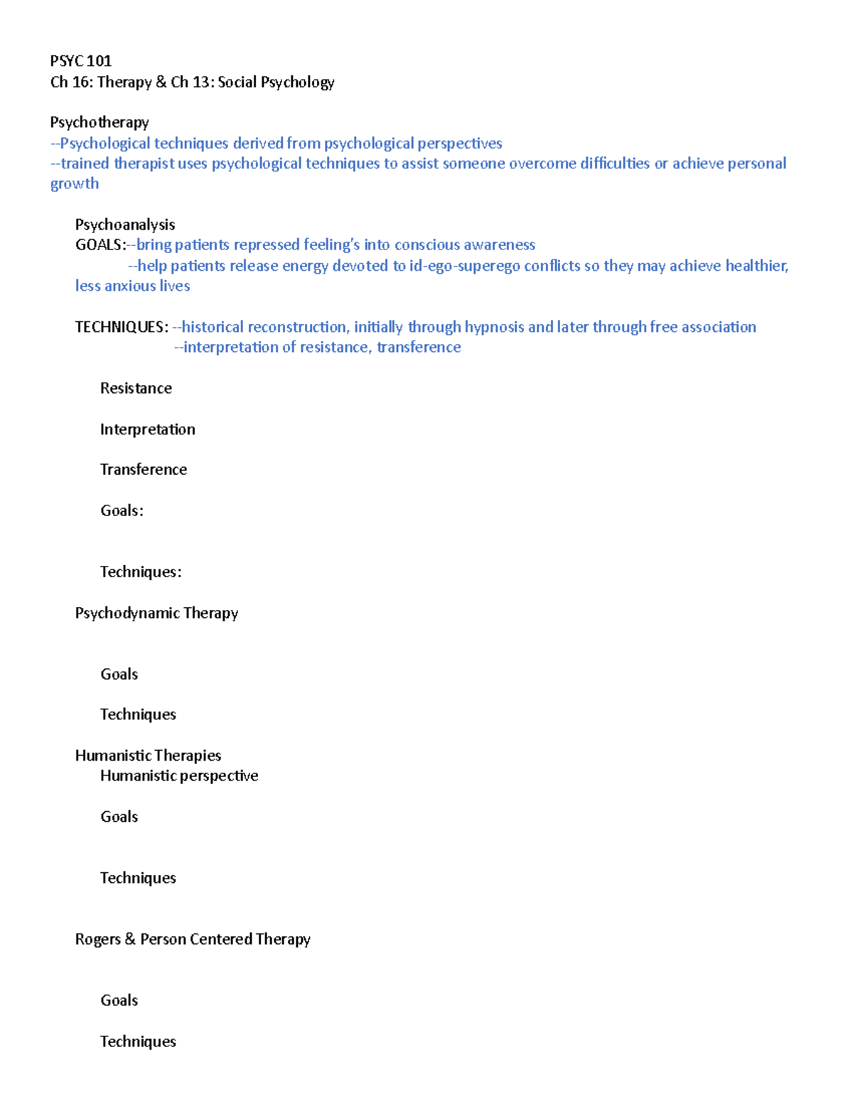 Ch 16 - Therapy and Ch 13 - Social Psychology Outline - PSYC 101 Ch 16 ...