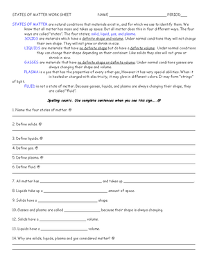 States of matter worksheet - STATES OF MATTER WORK SHEET NAME PERIOD___ -  Studocu