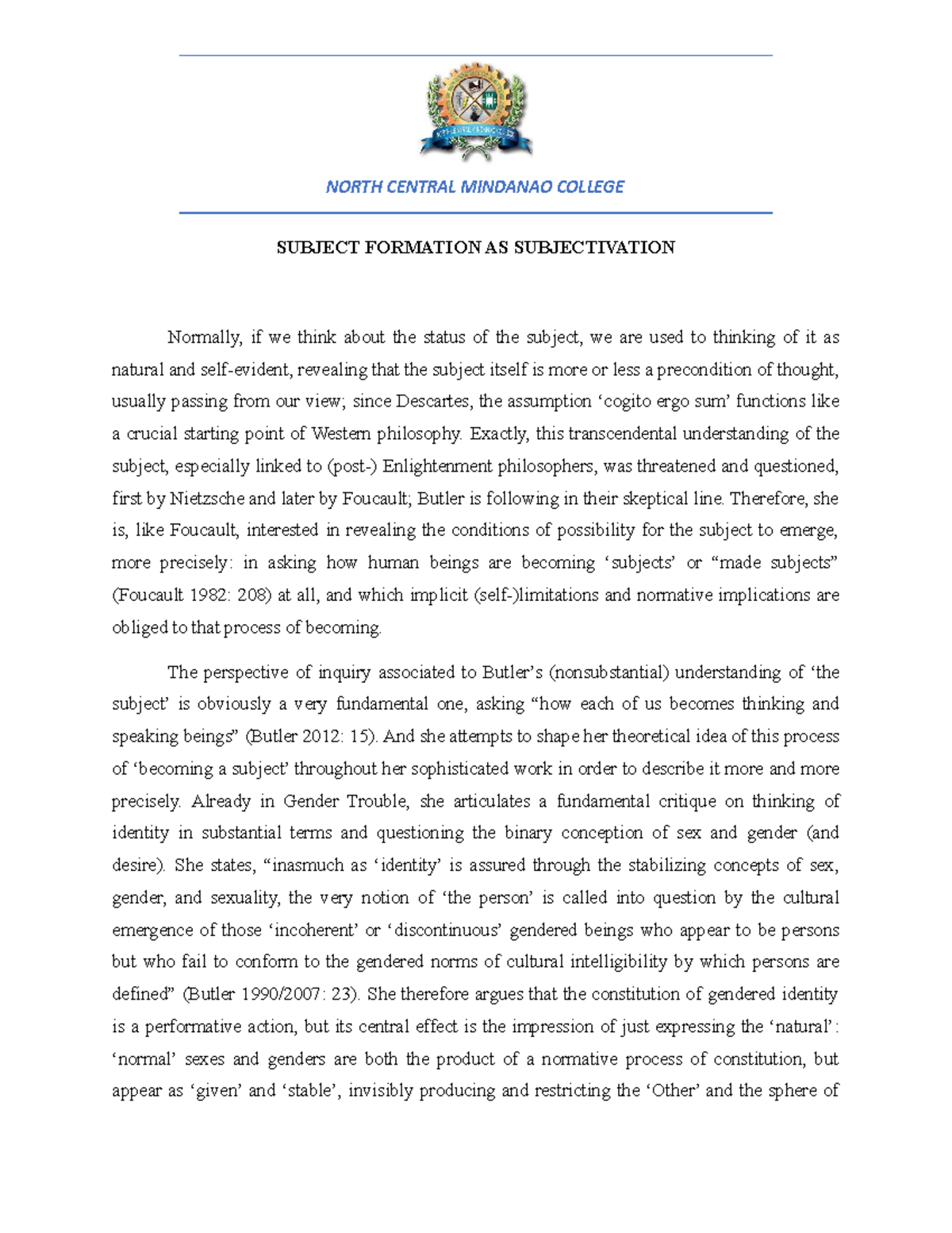 Subject Formation AS Subjectivation NORTH CENTRAL MINDANAO COLLEGE