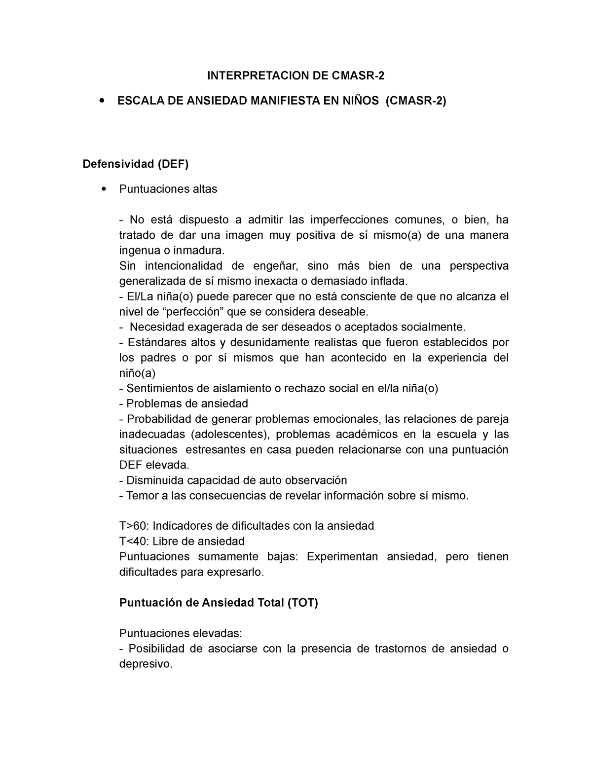 Interpretacion DE Cmasr 2 INTERPRETACION DE CMASR ESCALA DE ANSIEDAD