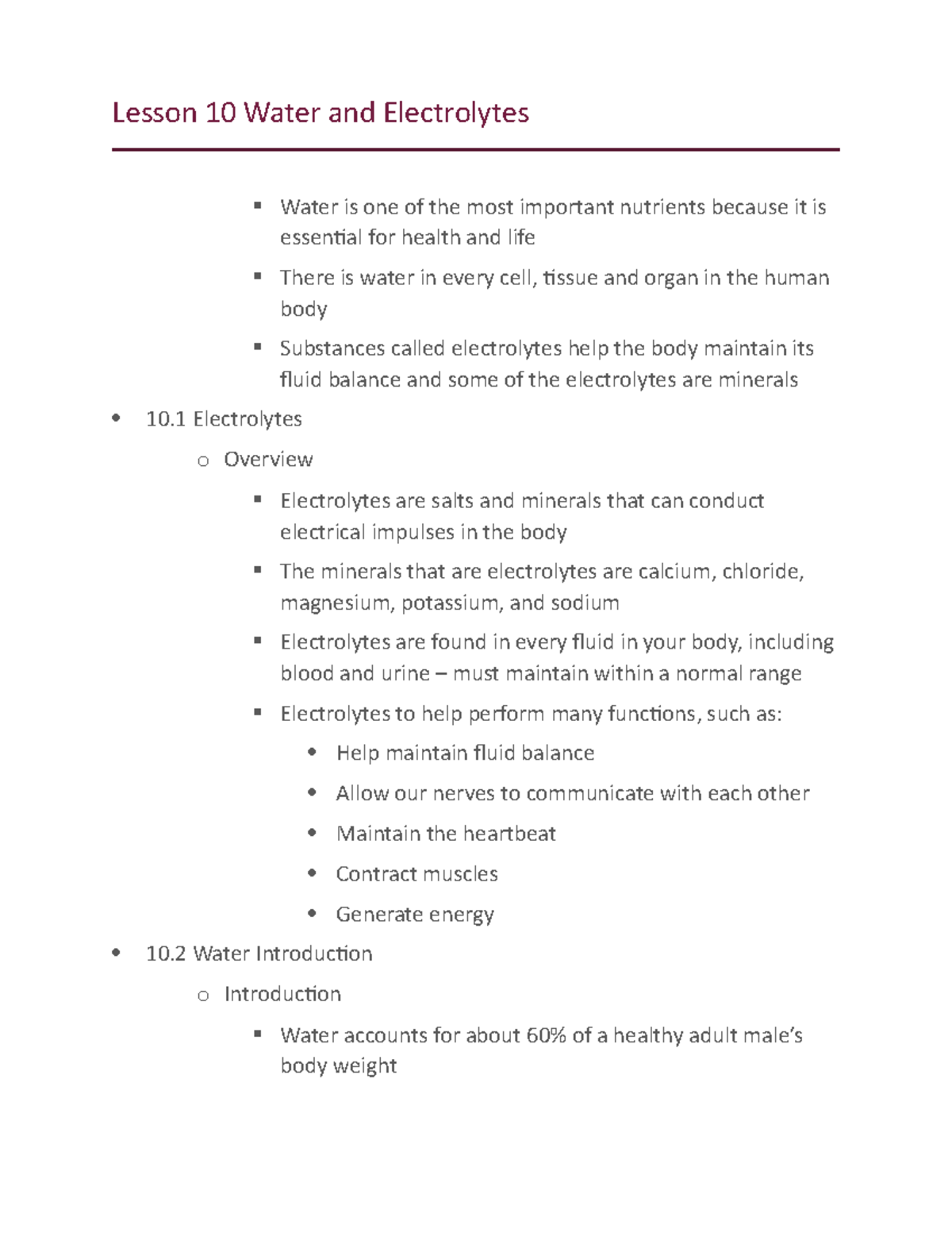 Lesson 10 - Lecture notes 10 - Lesson 10 Water and Electrolytes Water ...