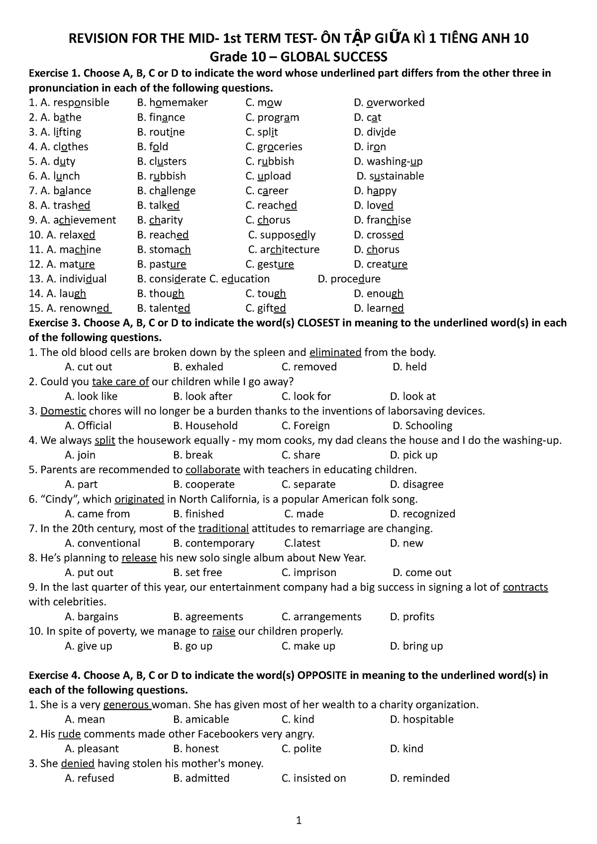 Revision FOR THE MID TERM TEST E10 - REVISION FOR THE MID- 1st TERM ...