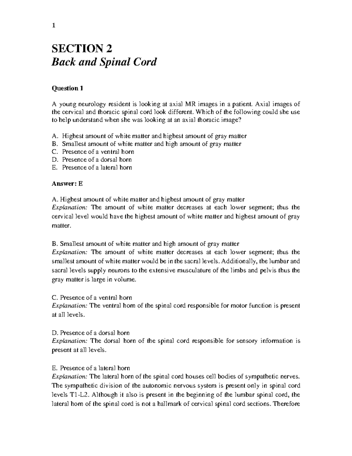 Back and spinal cord - SECTION 2 Back and Spinal Cord Question 1 A ...