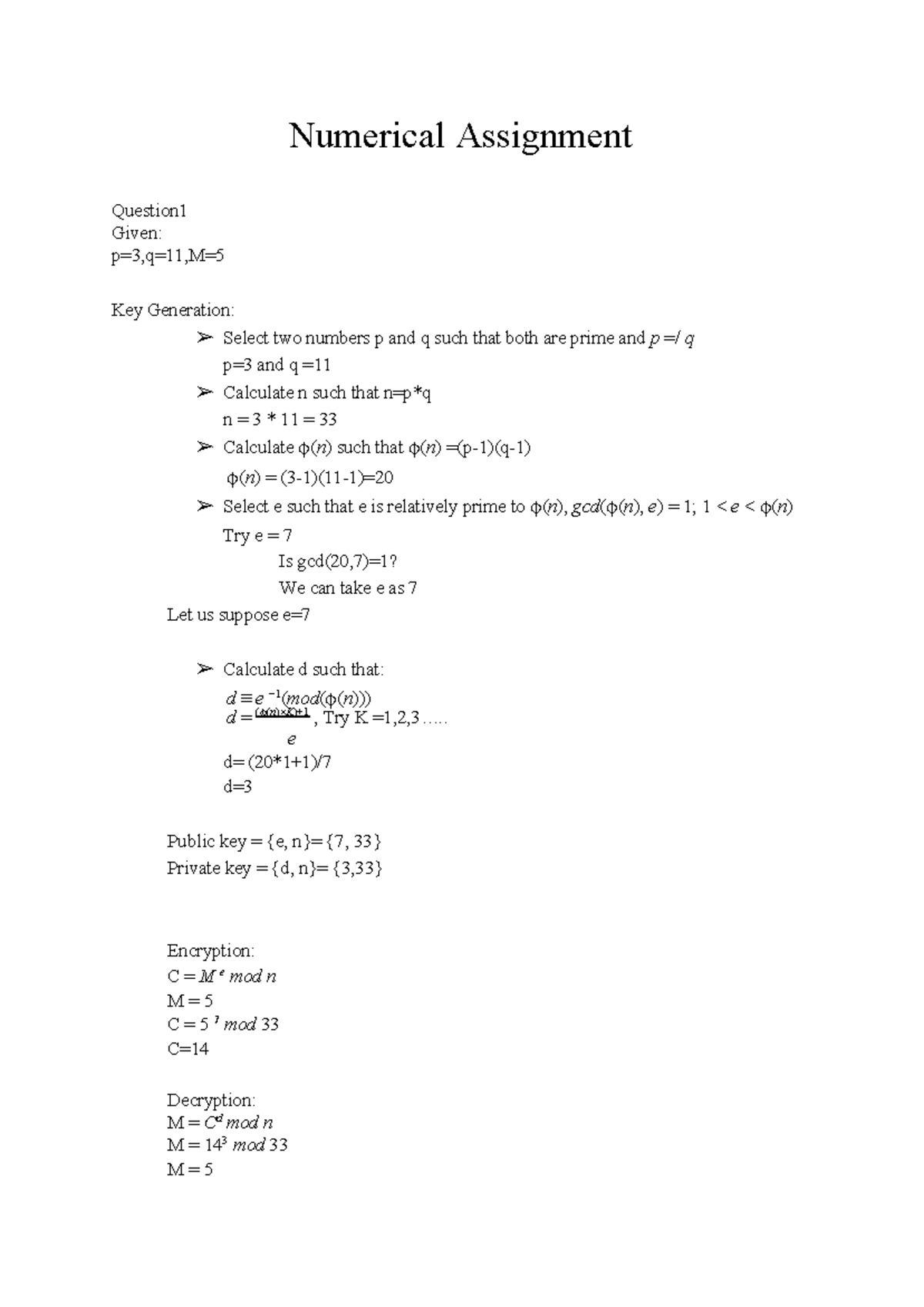 Assignment 2 - Numerical Assignment Question Given: p=3,q=11,M= Key ...