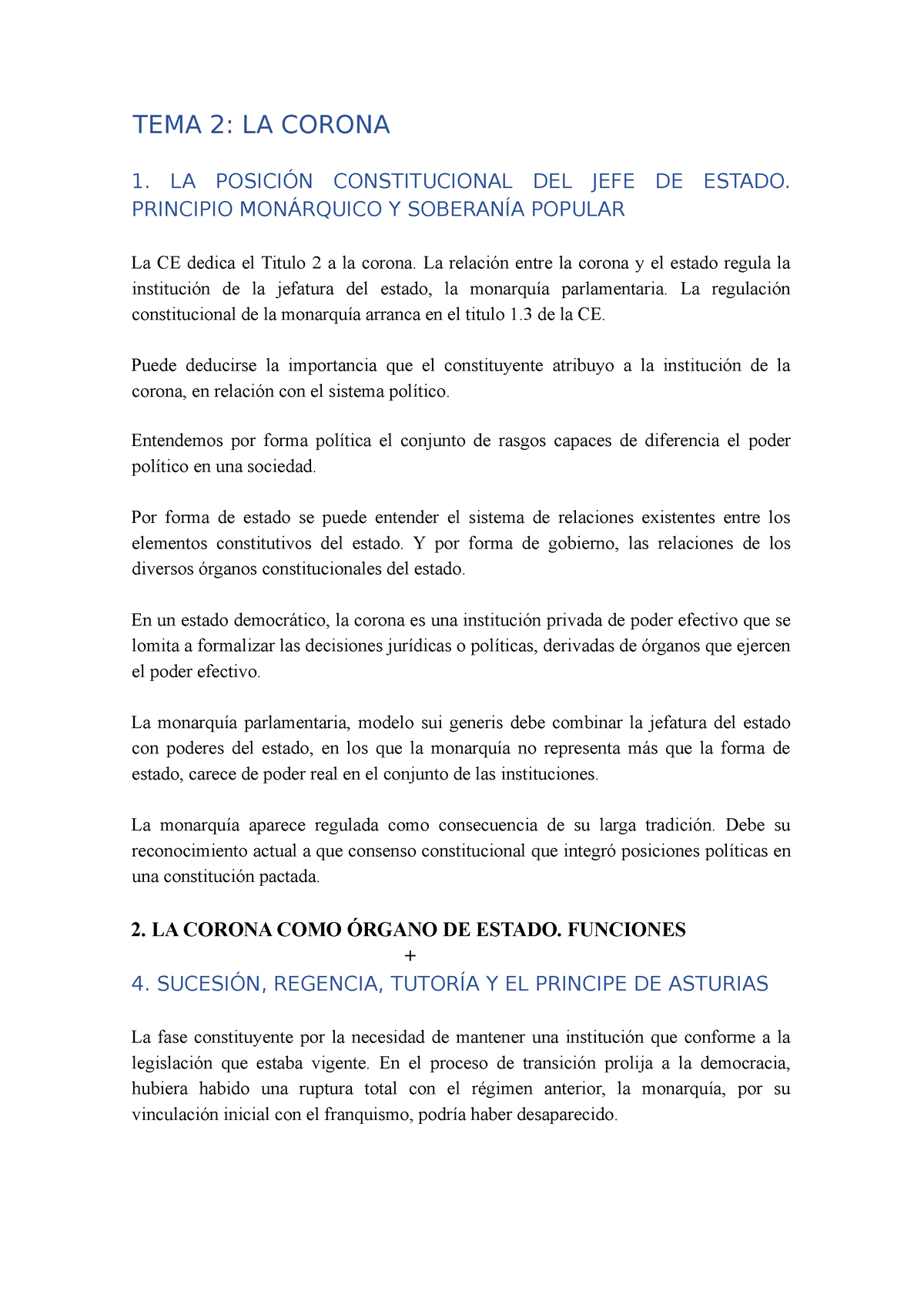 TEMA 2 DC - TEMA 2 DC - TEMA 2: LA CORONA 1. LA POSICIÓN CONSTITUCIONAL ...