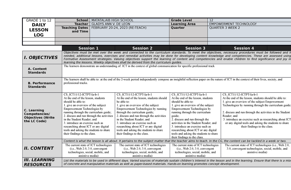 Q1-W2 (RE- Teach) - DLL - Empowerment Technologies - TSU - Studocu