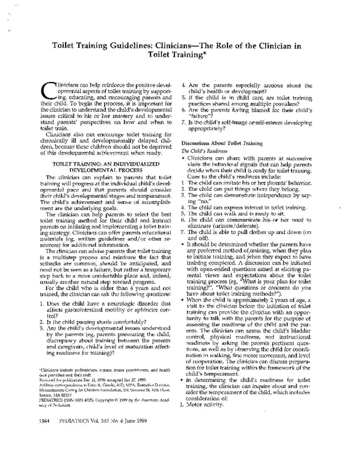 Toilet Training Guideline Clinicians The Role of the Clinician in