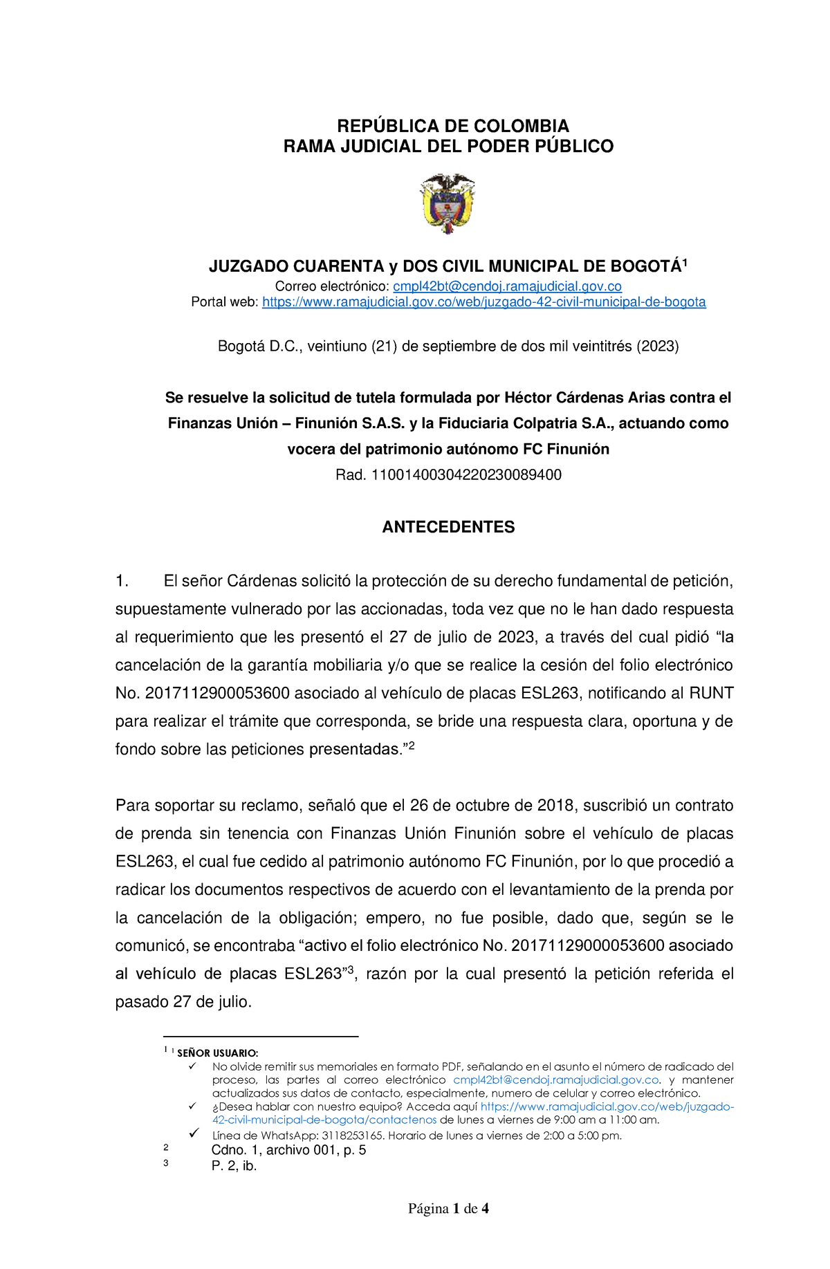 033Fallo Tutela Niega 202300894 F - REPÚBLICA DE COLOMBIA RAMA JUDICIAL ...