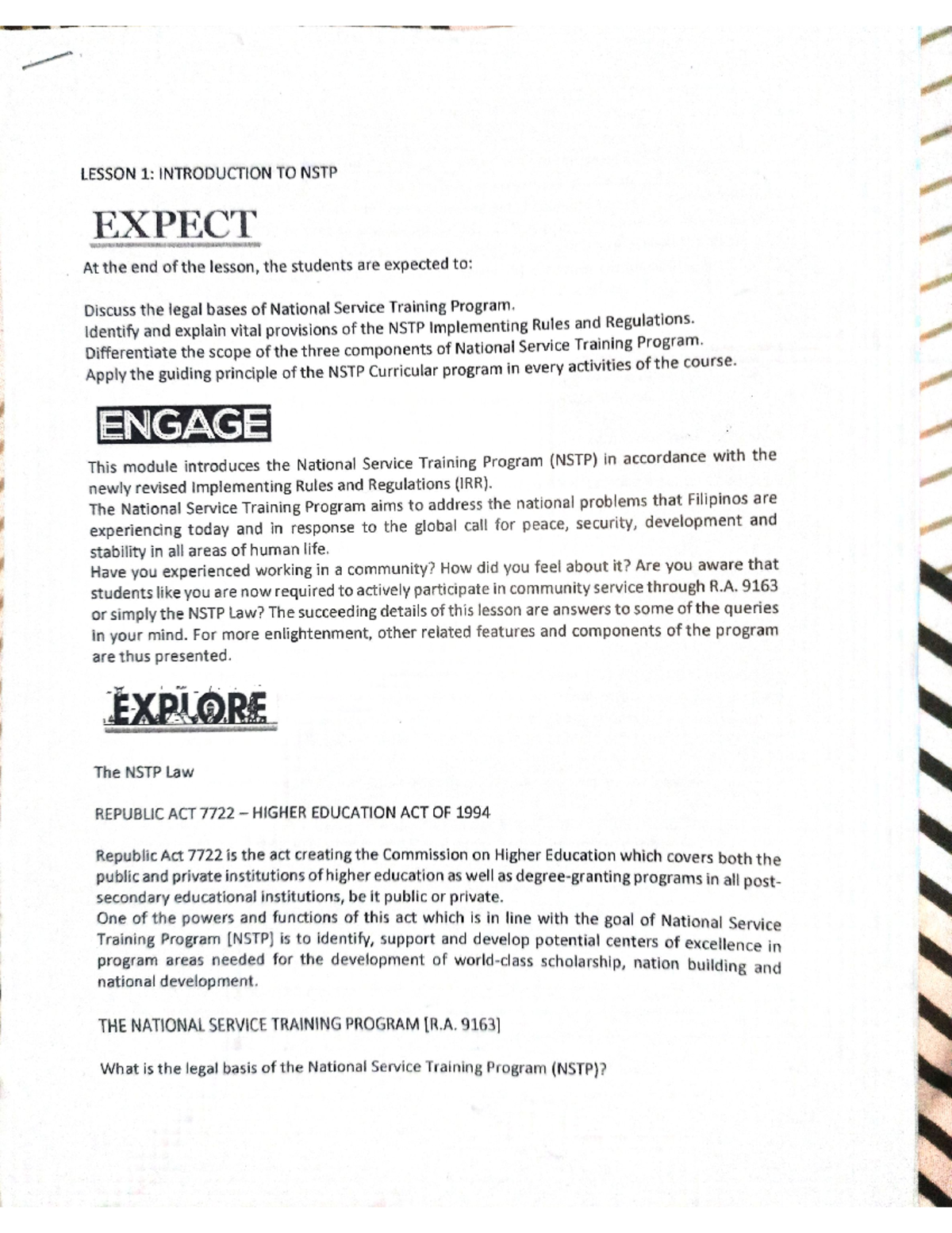 NSTP Module 1 2 - LESSON 1: INTRODUCTION TO NSTP EXPECT At the end of ...