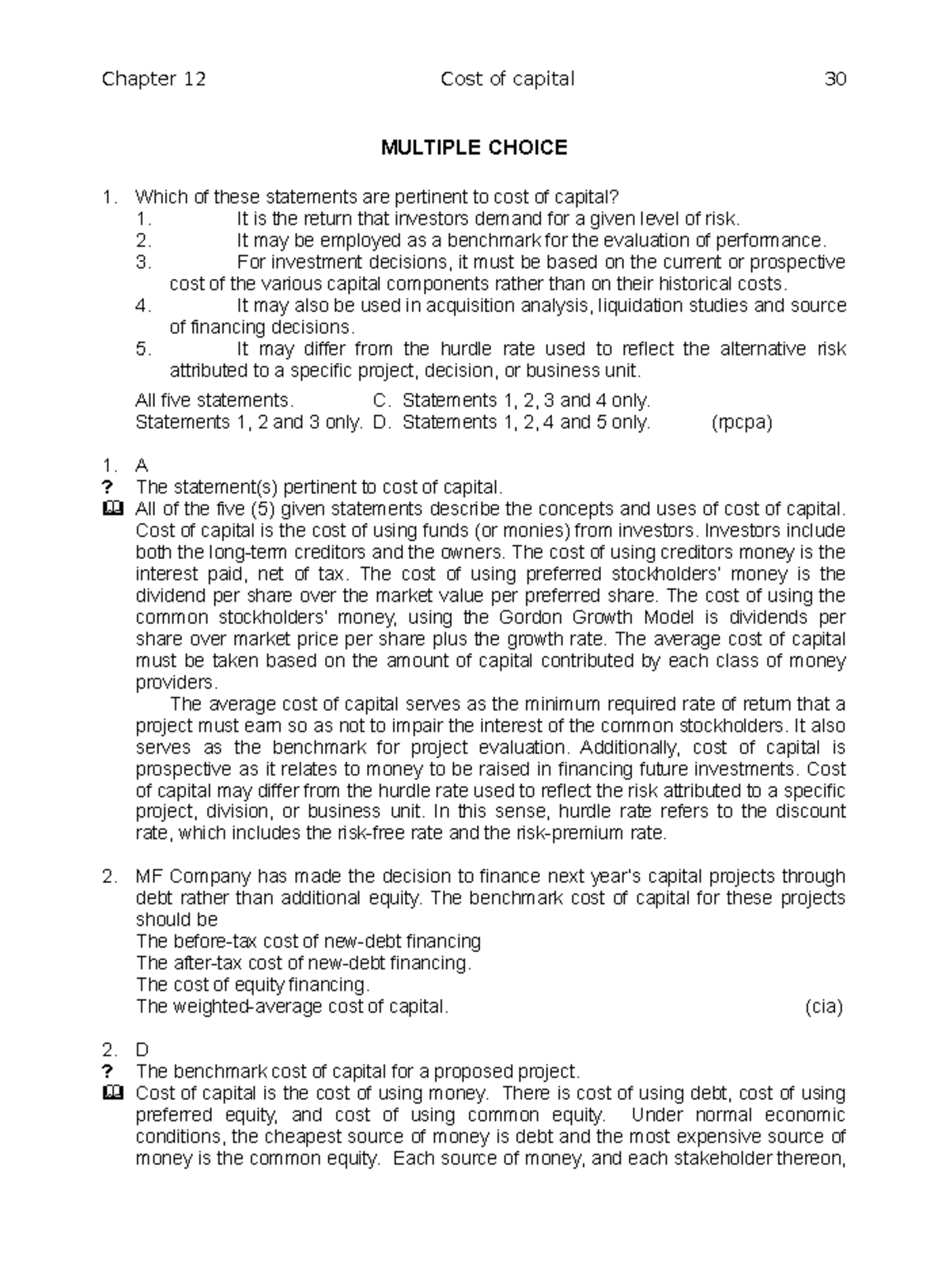 Cost-of-Capital - sample quiz - MULTIPLE CHOICE Which of these ...