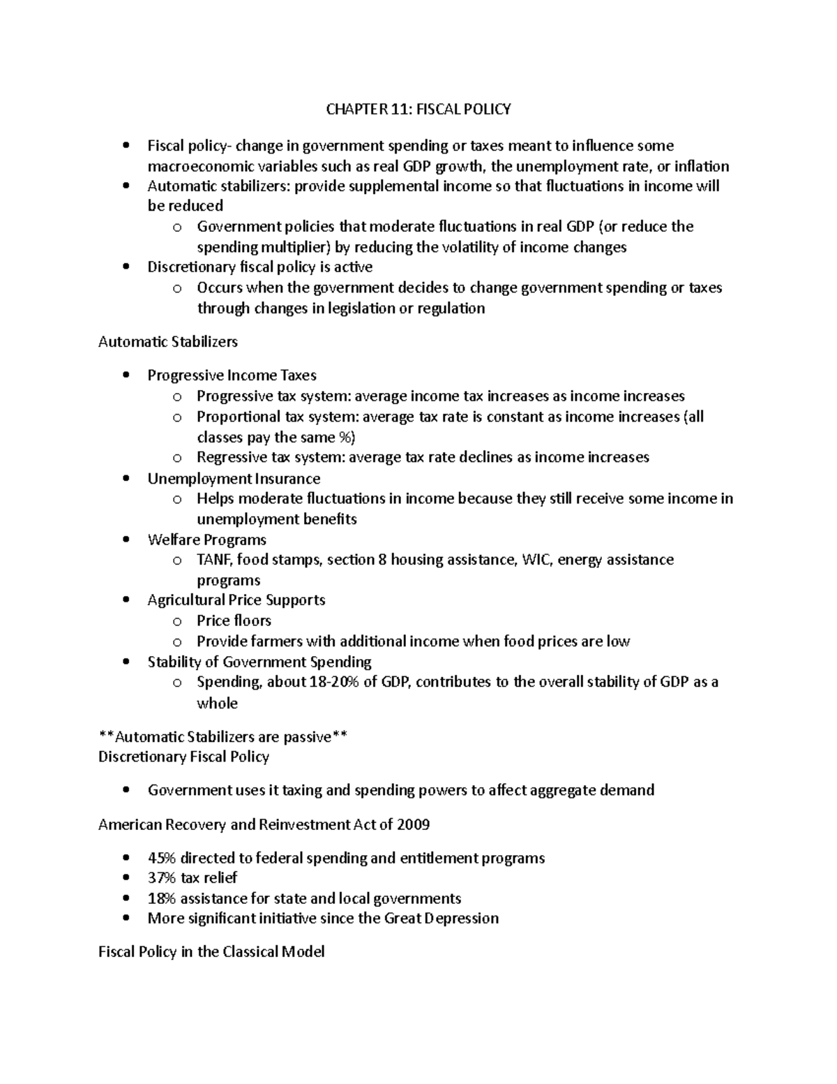 Chapter 11 notes - CHAPTER 11: FISCAL POLICY Fiscal policy- change in ...