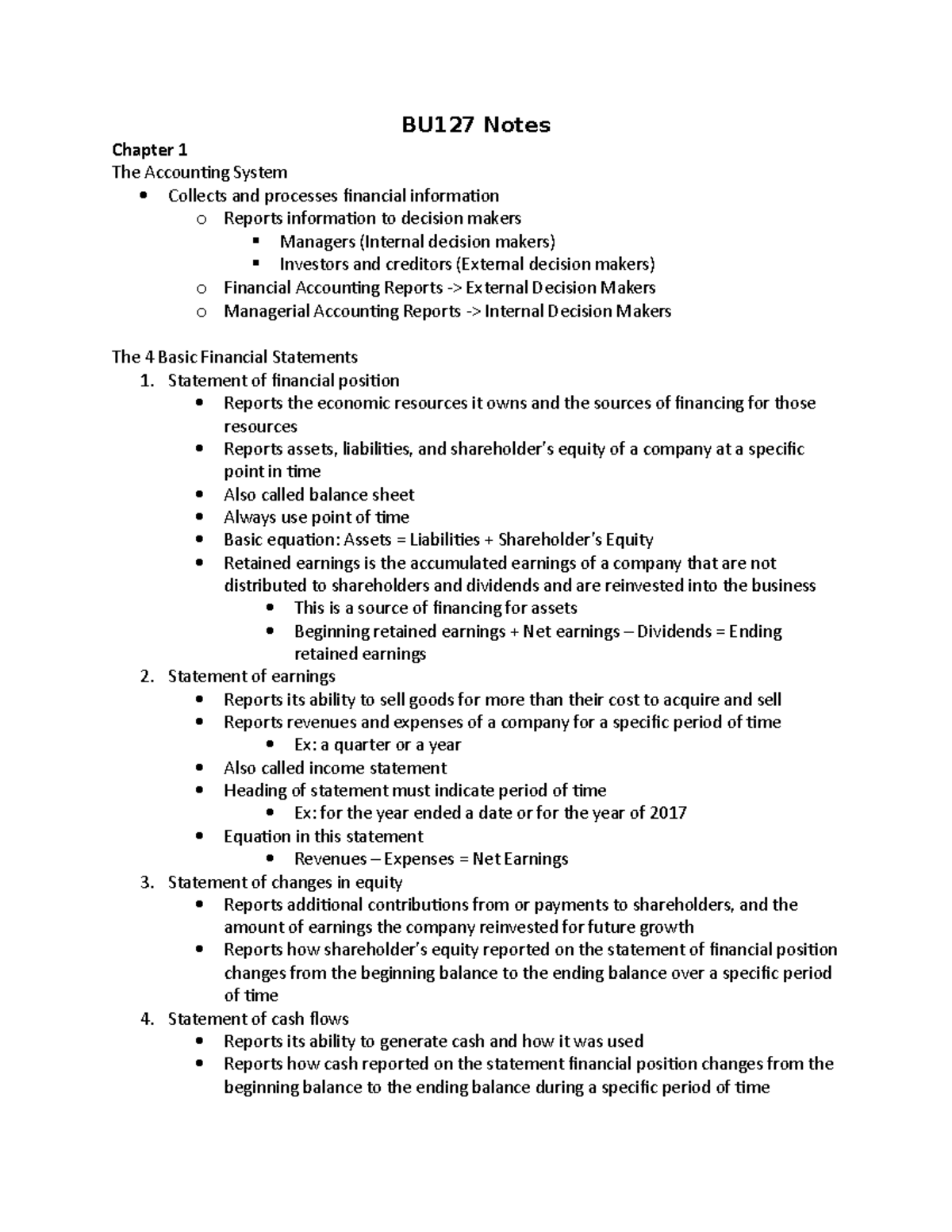 BU127 Notes - BU127 Notes Chapter 1 The Accounting System Collects And ...