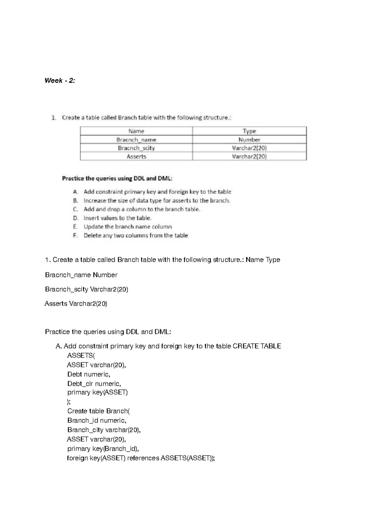 DBMS assignment - Week - 2: 1. Create a table called Branch table with ...