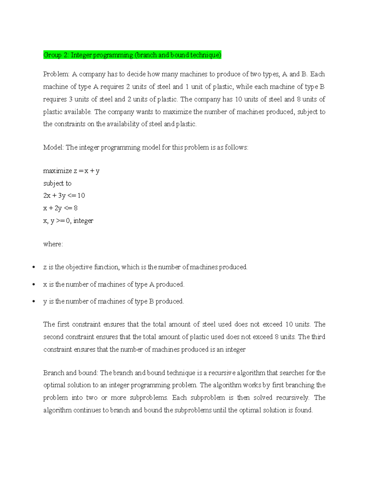 OR Group assignment Alpha - Group 2: Integer programming (branch and ...