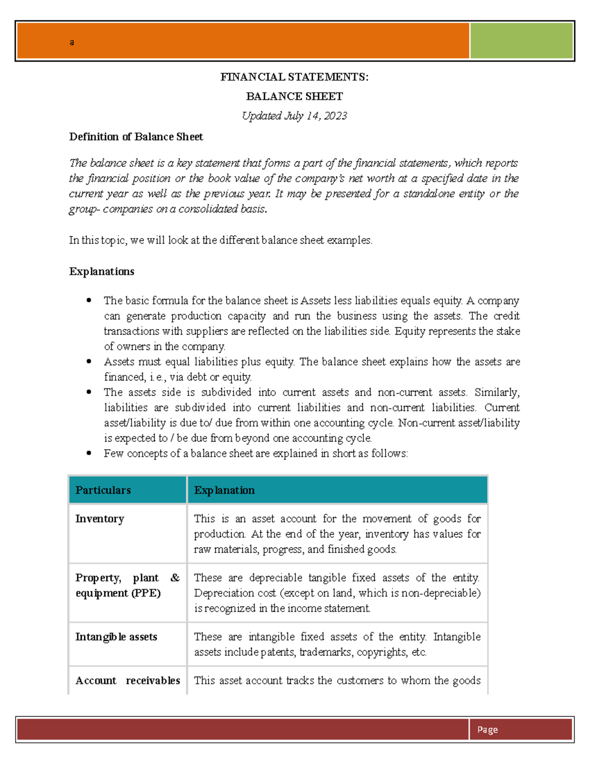 Balance Sheet Examples - FINANCIAL STATEMENTS: BALANCE SHEET Updated ...