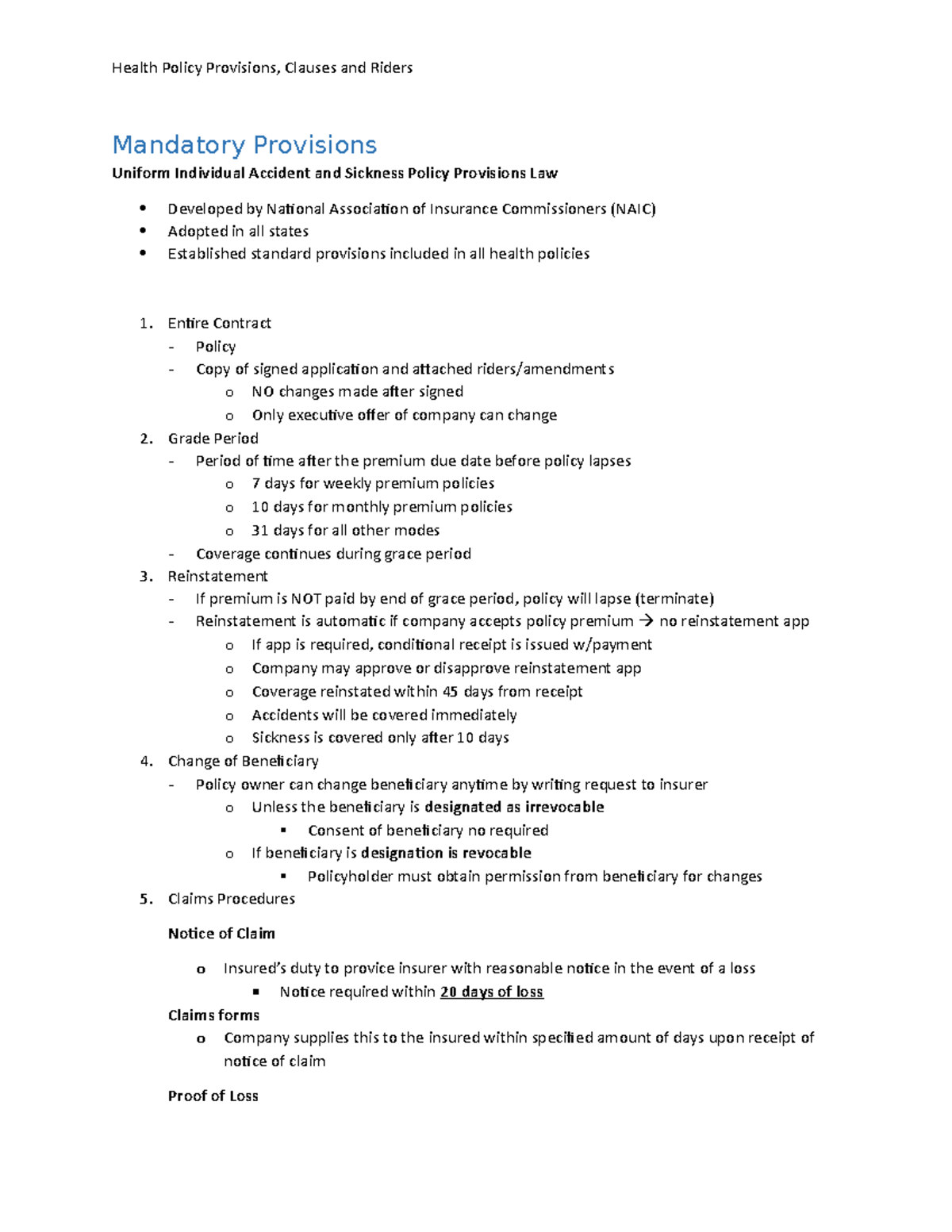 Chapter 7 - Health Policy Provisions, Clauses and Riders Mandatory ...