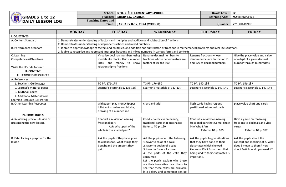 DLL Mathematics 4 Q2 W8 - Lesson Plan - GRADES 1 To 12 DAILY LESSON LOG ...