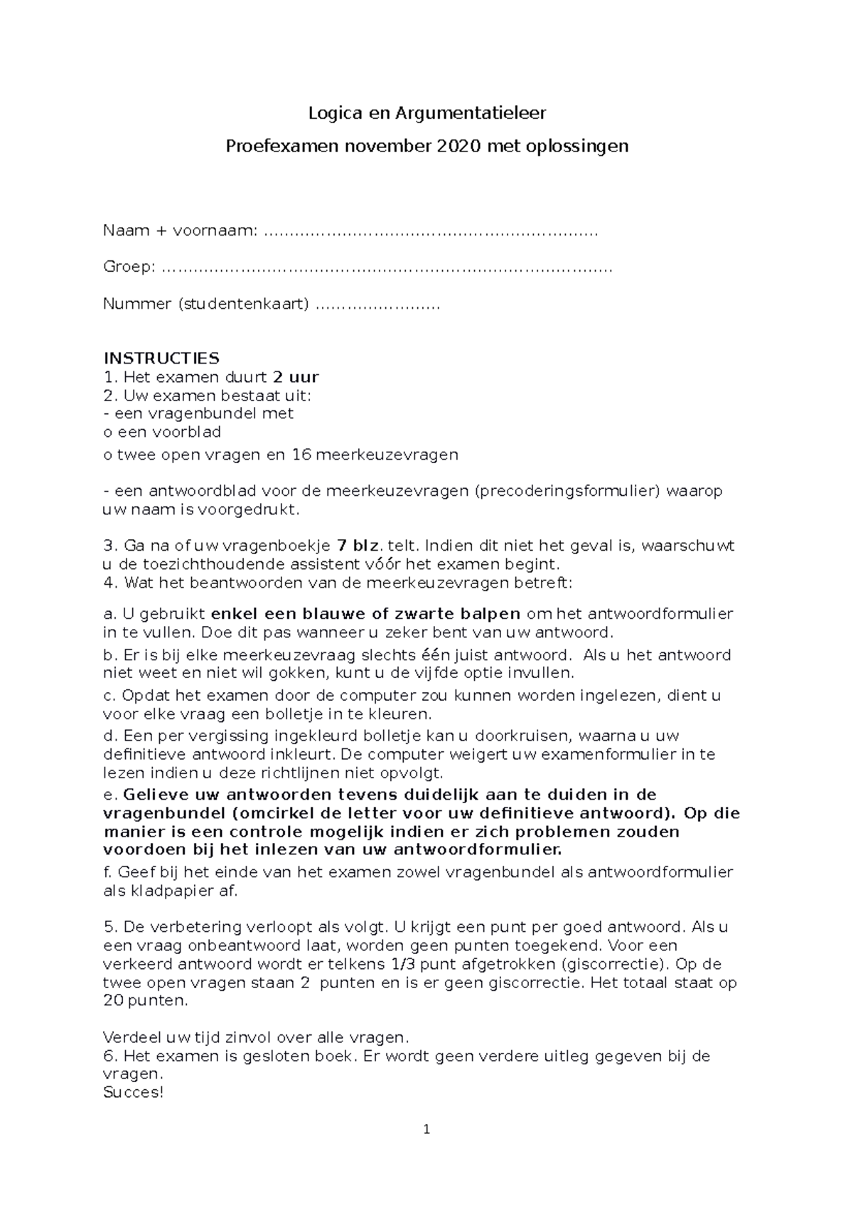 Examen 14 November 2020, Vragen En Antwoorden - Logica En ...