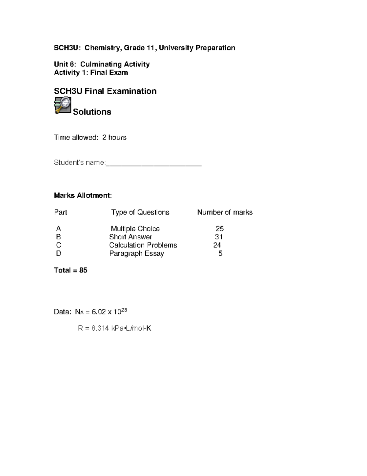 SCH3U Practice Exam Version 2 - Solutions - SCH3U: Chemistry, Grade 11 ...