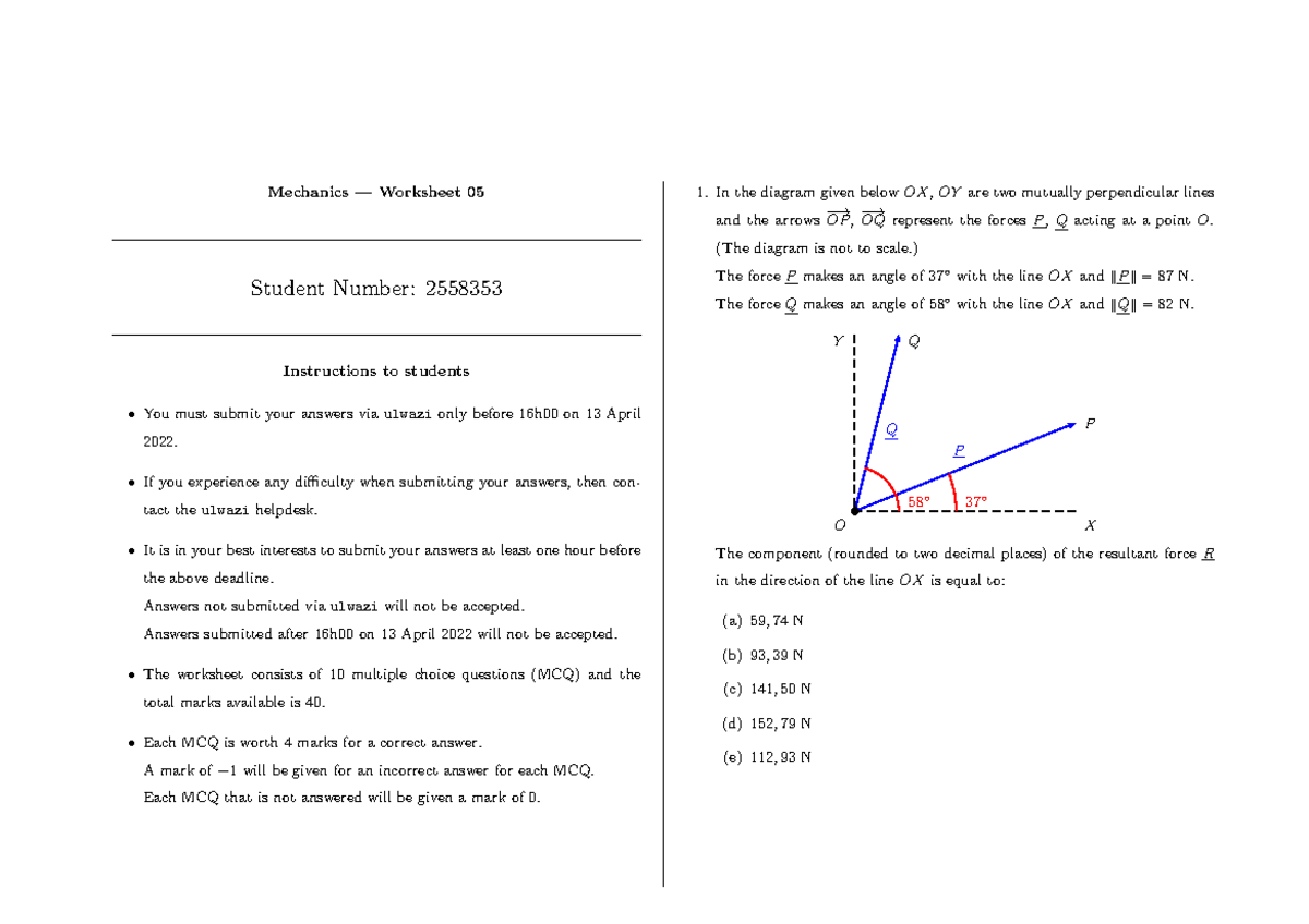 Worksheet 05 - Mechanics I - Mechanics — Worksheet 05 Student Number ...