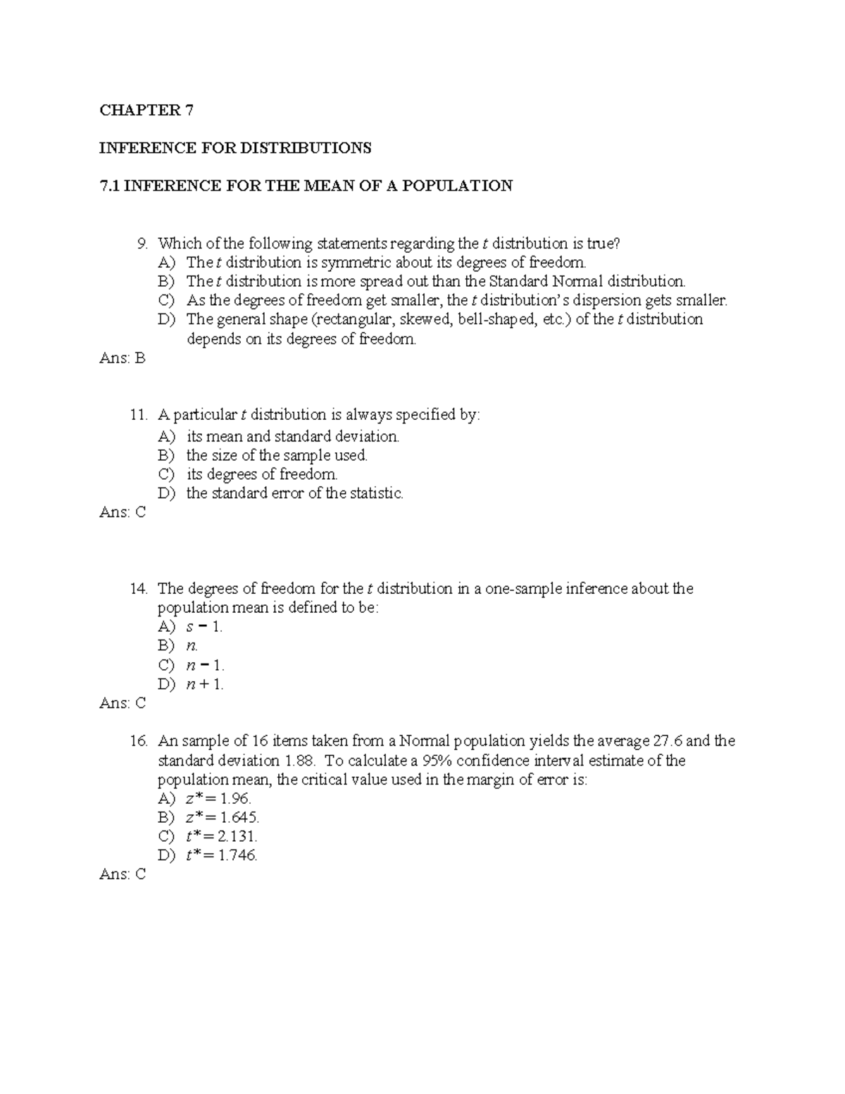 Practice Problems - Chapter 7 (with Answers) - CHAPTER 7 INFERENCE FOR ...