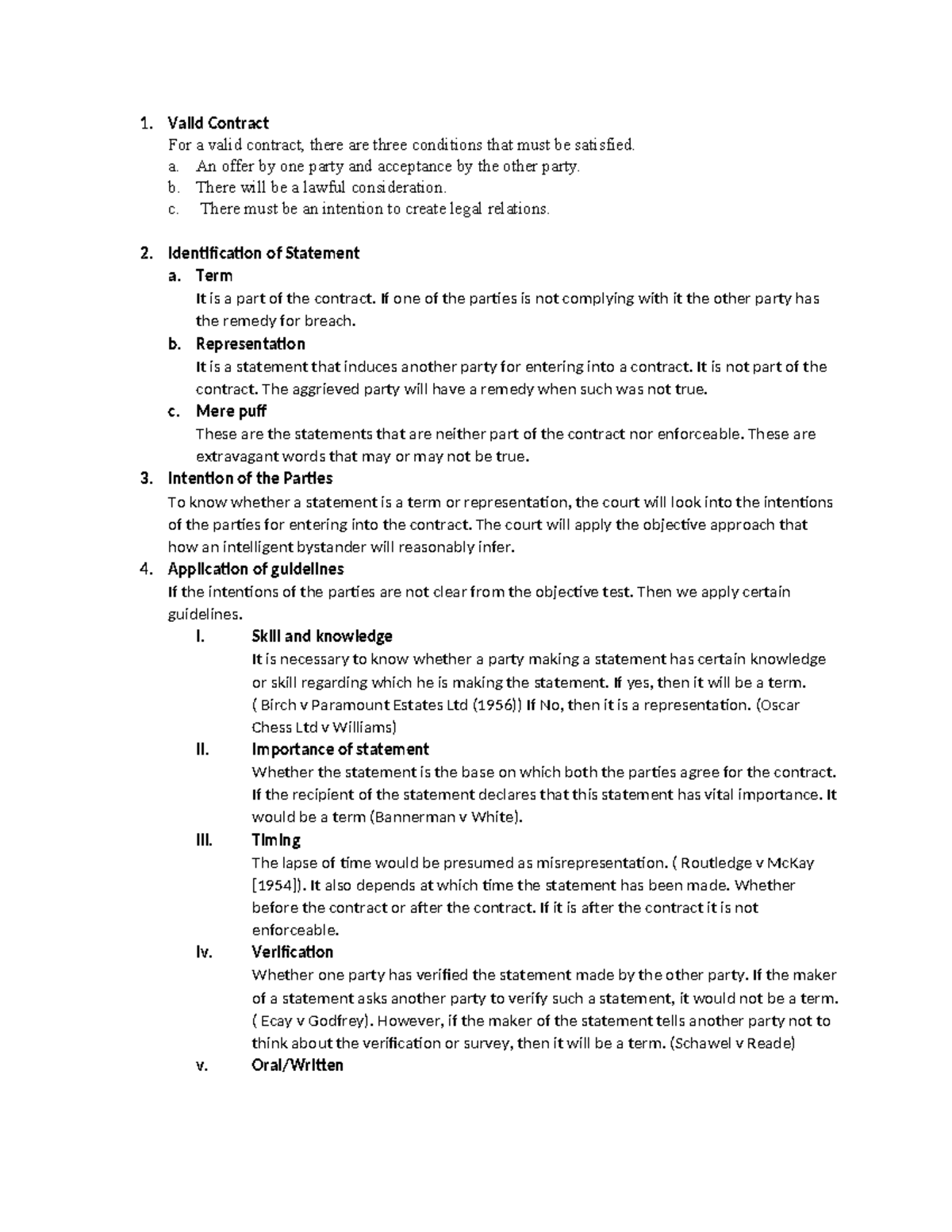 Misrepresentation Revision Notes Valid Contract For A Valid