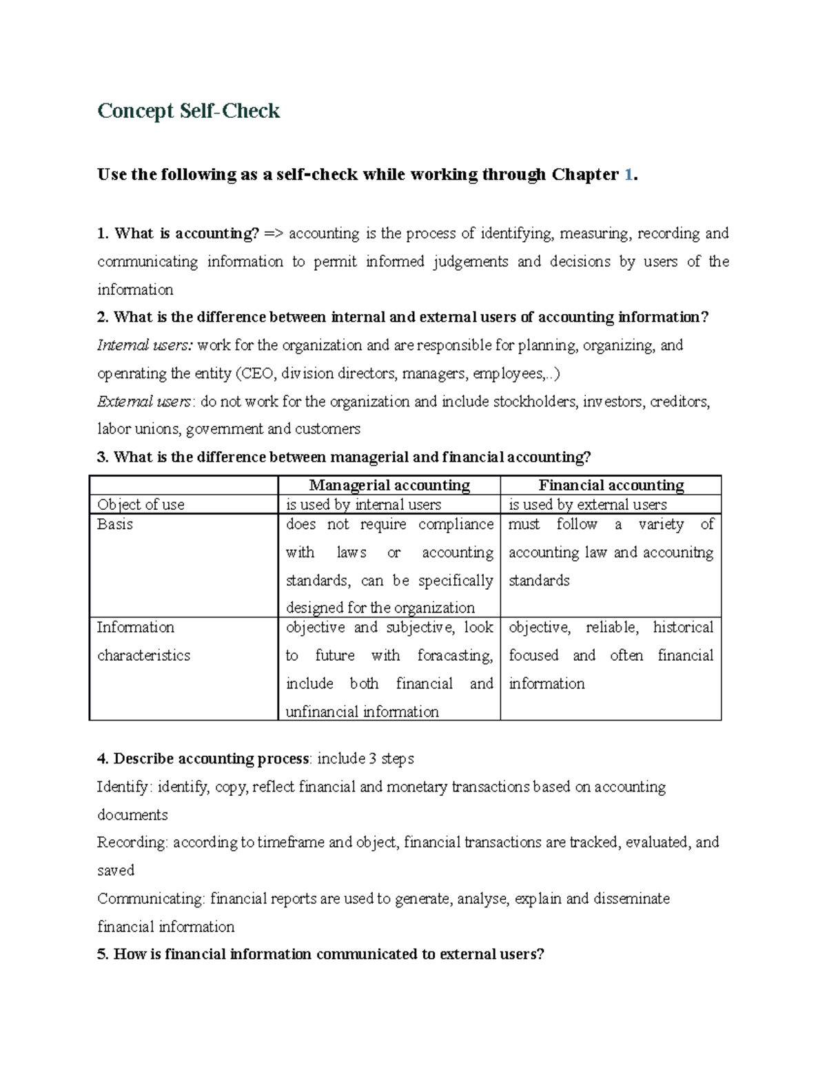 Accounting chap 1 at home Concept SelfCheck Use the following as a