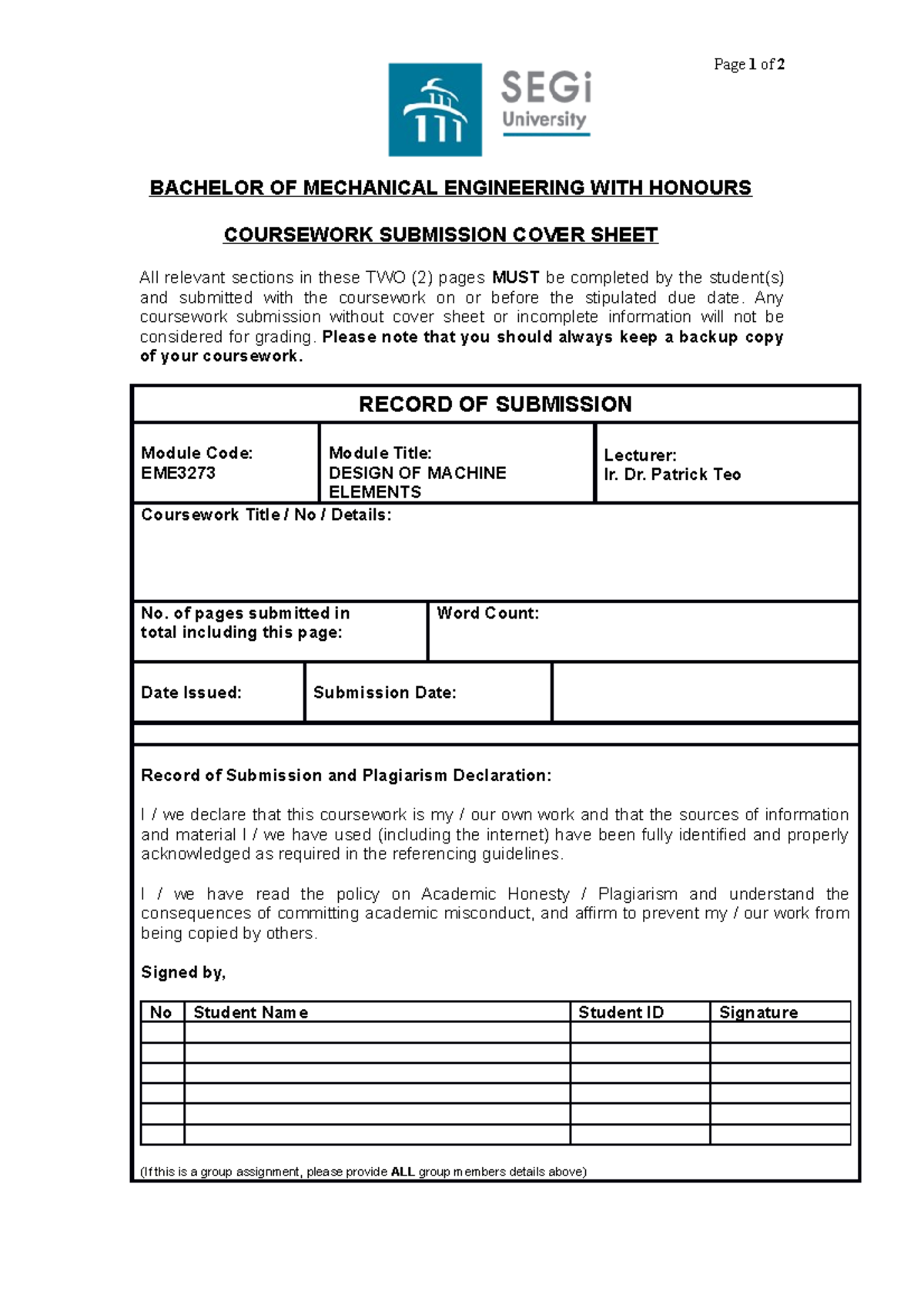 EME3273 Assignment Cover Page Tort Law SEGi StuDocu