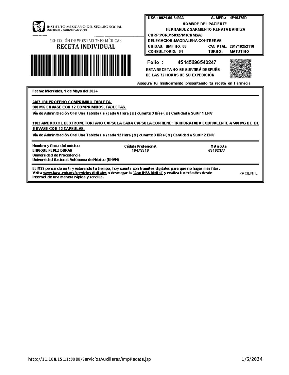 Hernandez Sarmiento Renata Danitza - A. MED.: 4F19370R UNIDAD: UMF NO ...