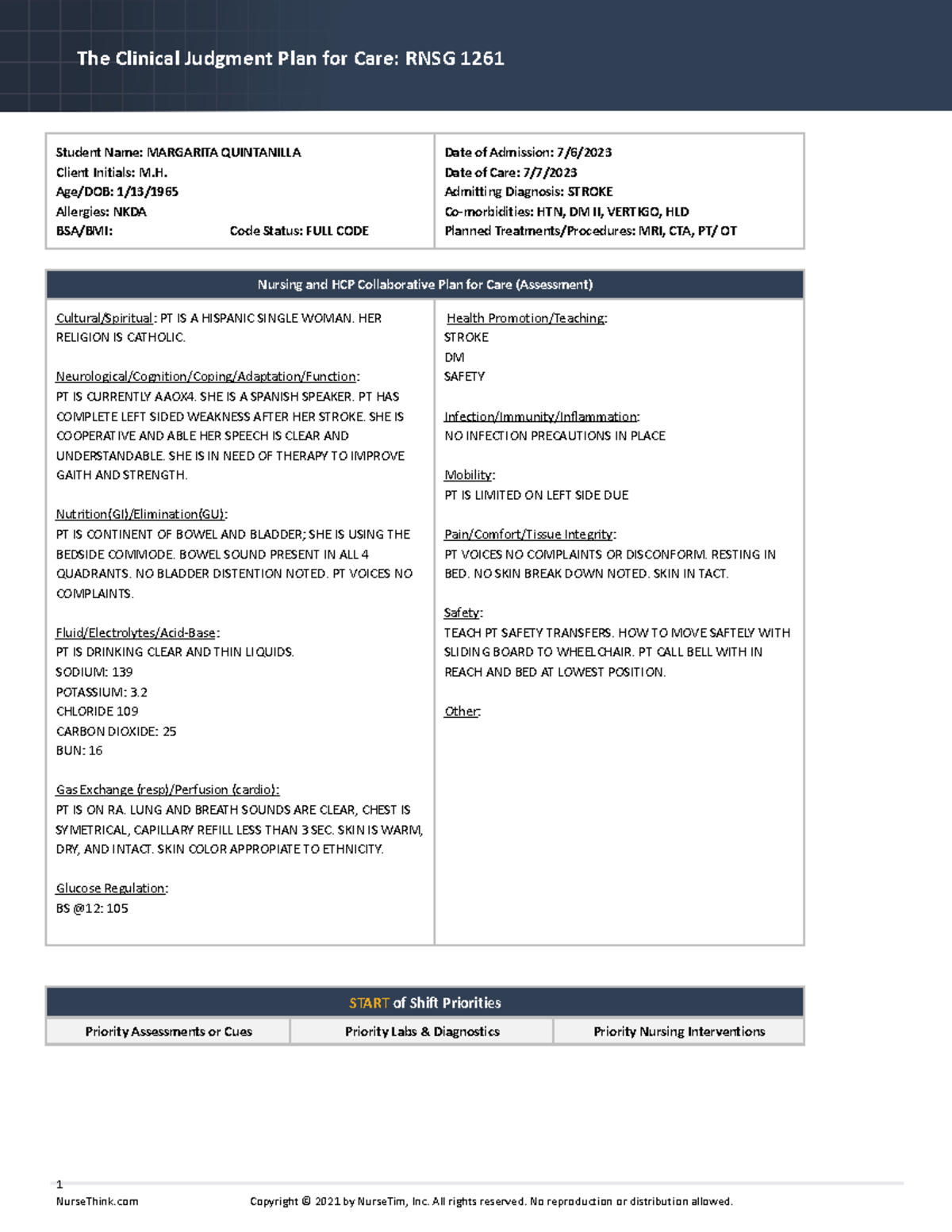 WEEK 5 Clinical Judgment Student Name MARGARITA QUINTANILLA Client