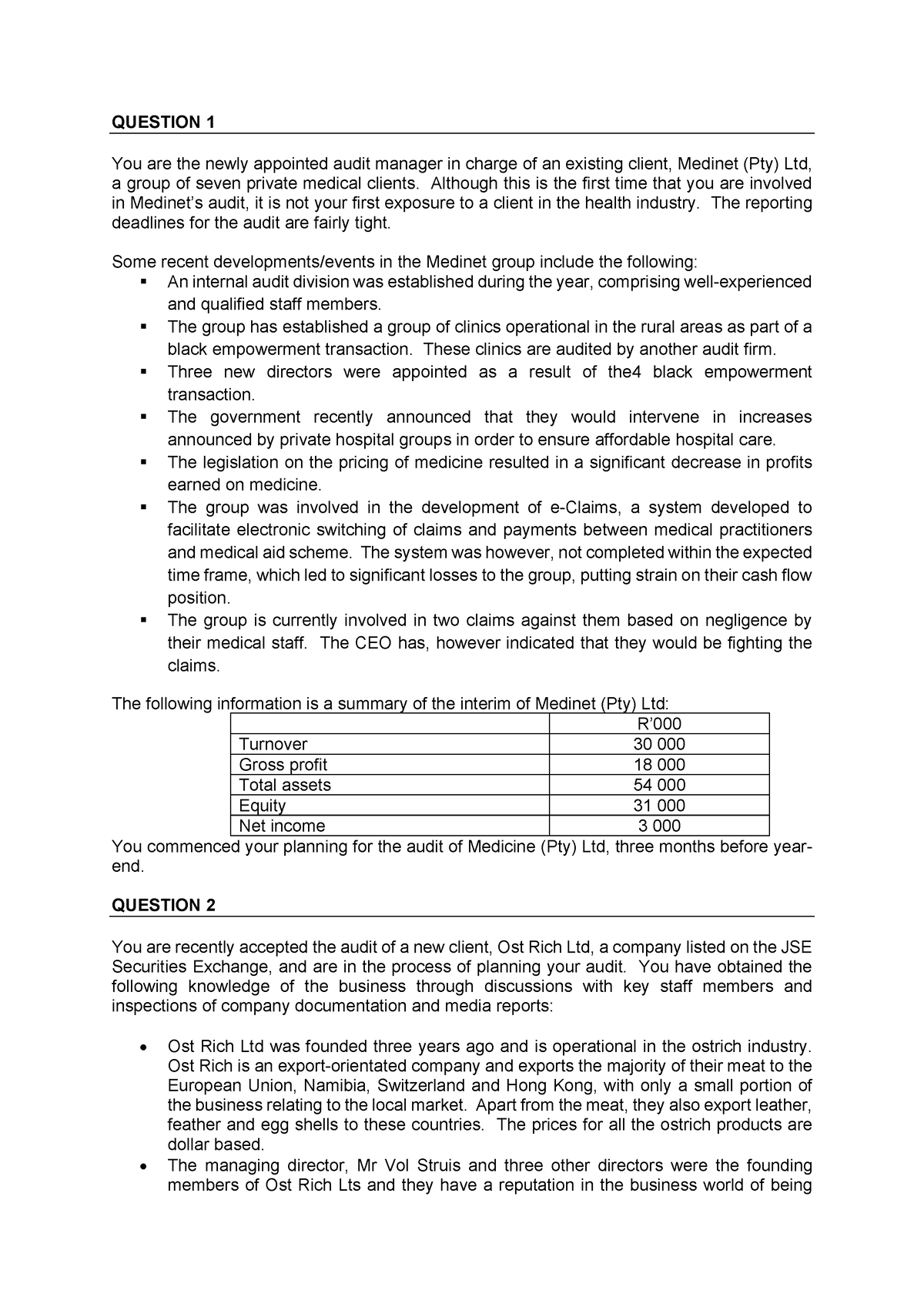 Audit planning 1 question bank - QUESTION 1 You are the newly appointed ...