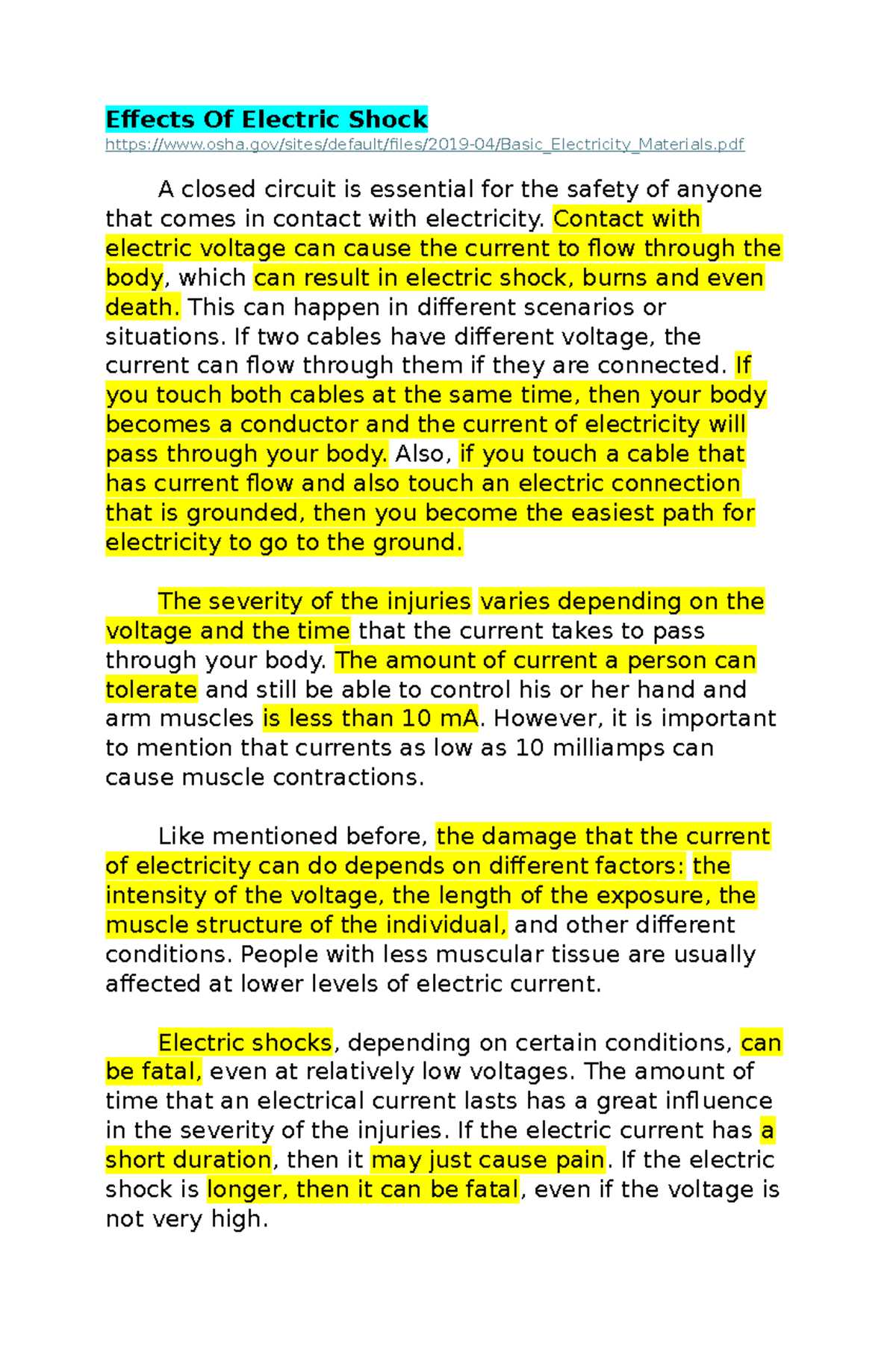 Effects Of Electric Shock - Effects Of Electric Shock - Studocu
