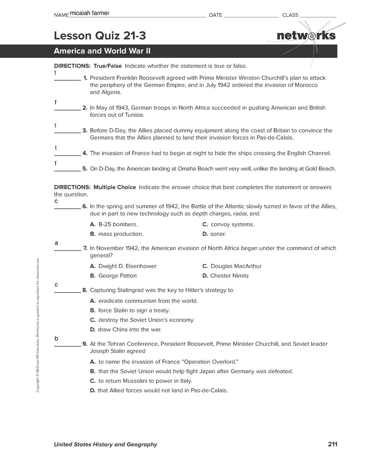 Chapter 21 Lesson 3 Practice Quiz-1344 - Copyright © McGraw-Hill ...