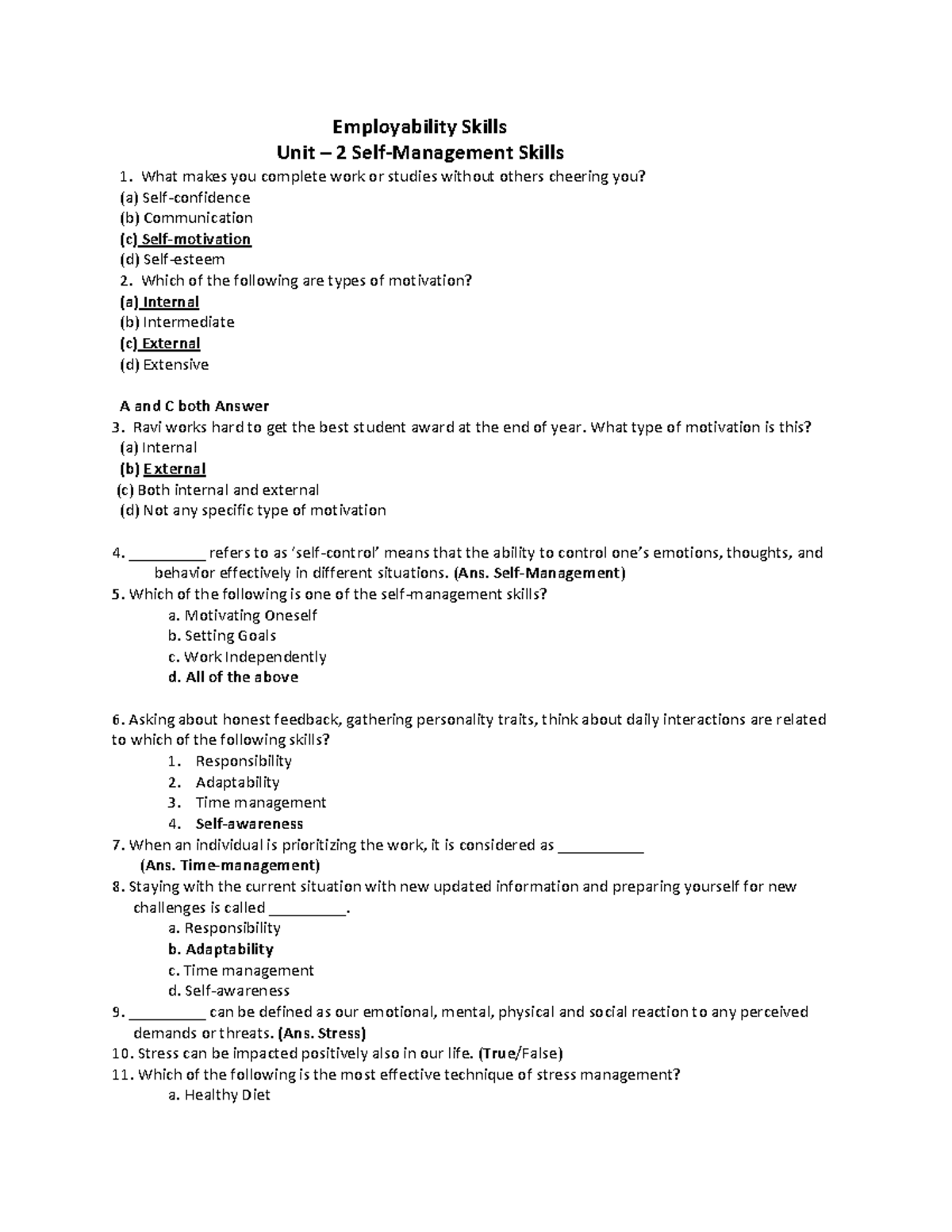 PART A UNIT 2- Self-Management Skills Notes - Employability Skills Unit ...