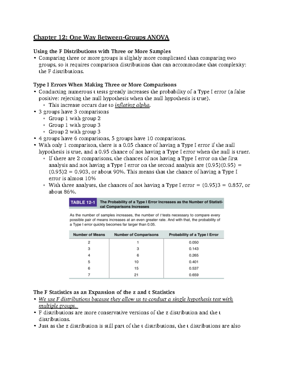 Behavioral Stats Textbook Chapter 12 Notes - Chapter 12: One Way ANOVA ...