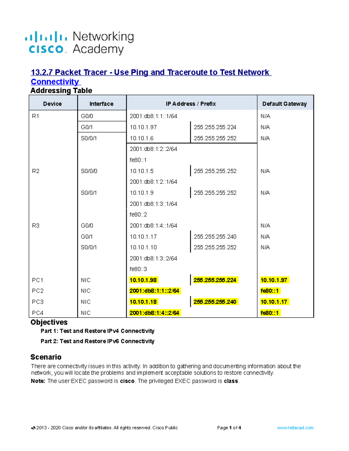 13.2.7 Packet Tracer - Use Ping and Traceroute to Test Network ...